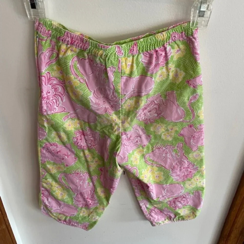 LILLY PULITZER Lion Cub Loungin' Lions  Pink Green Elastic Waist Pants G…